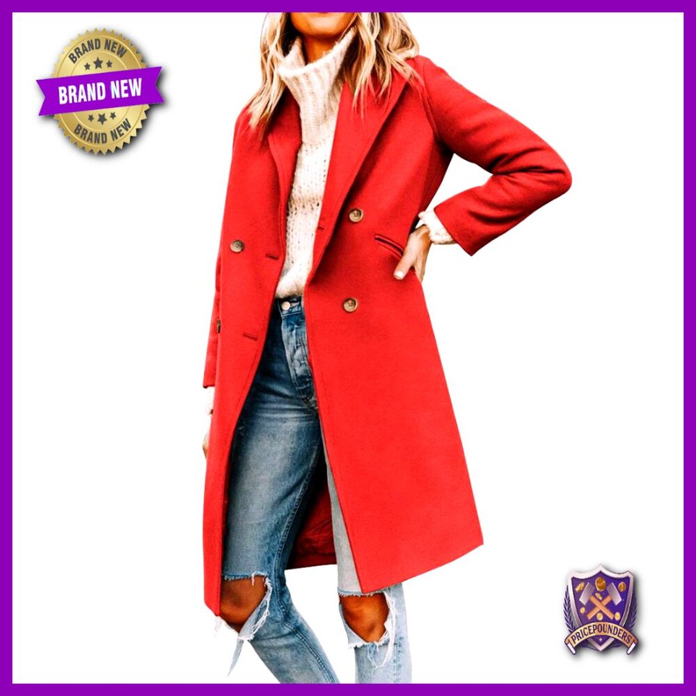 Womens Wool Blend Pea Coat Notched Lapel Double Breasted Long Jacket Elegant